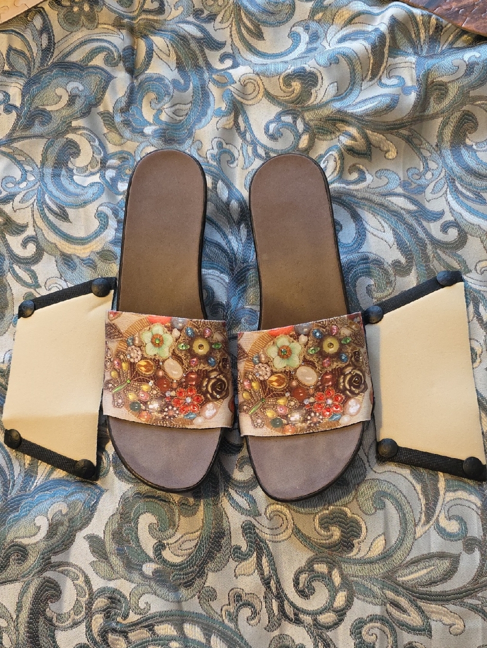 Onesole Brown Floral Beaded Slide Sandals